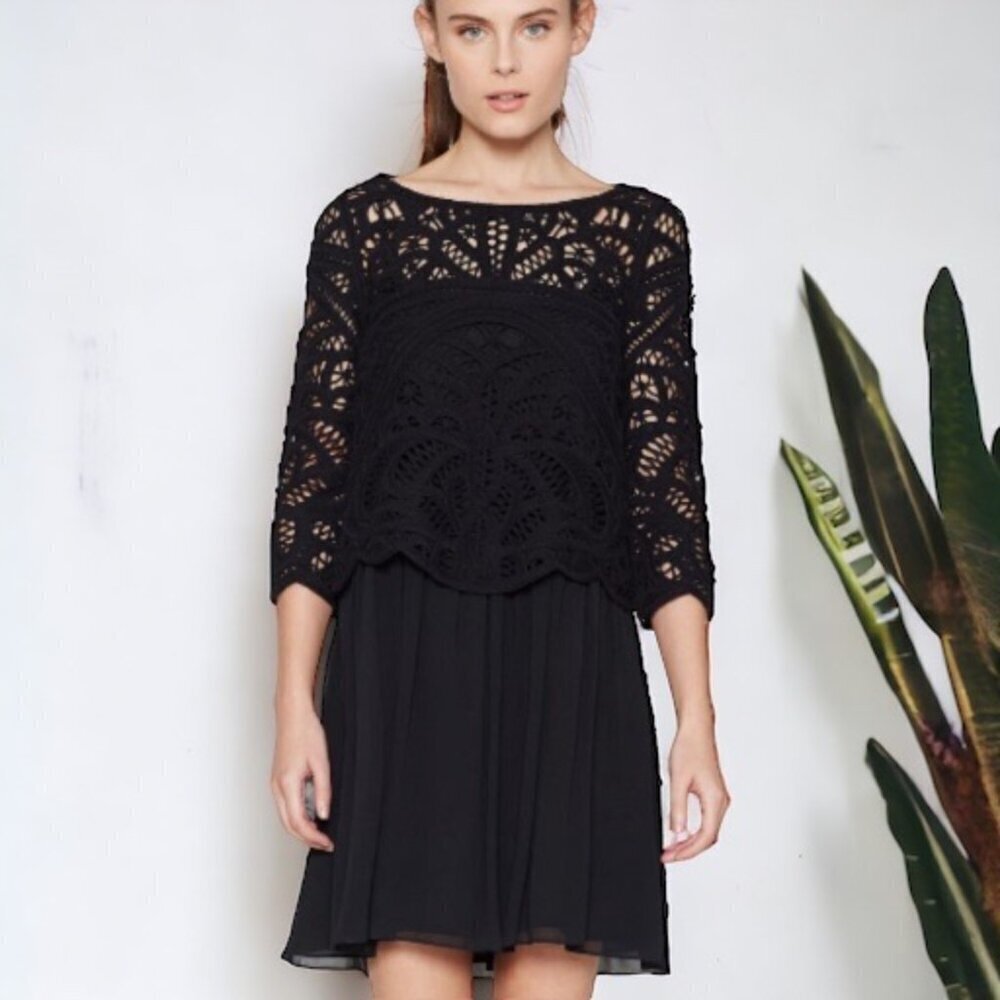Joie Black Silk Mini Dress with Black Lace Overlay Size XS